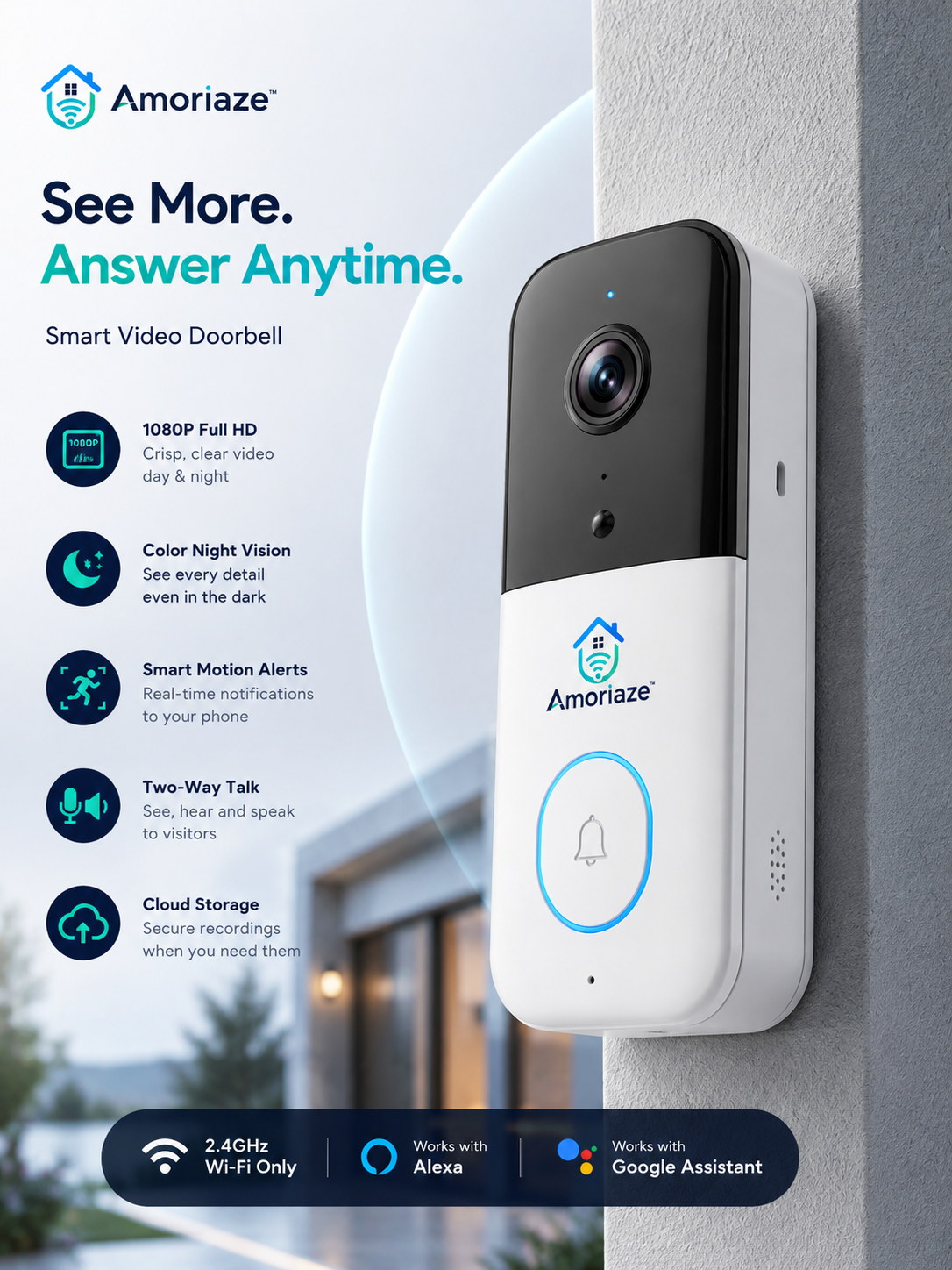 Amoriaze™ DoorSight Pro Smart Video Doorbell – 1080P HD, Color Night Vision, Smart Motion Alerts & Two-Way Talk