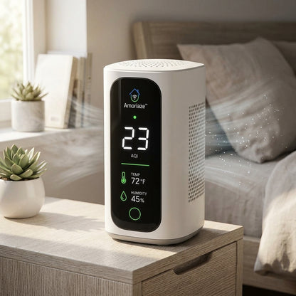 Amoriaze™ Smart Indoor Air Quality Monitor — Real-Time AQI Sensor with Temperature & Humidity Tracking, Smart Alerts, Wi-Fi Connectivity & Home Automation Support
